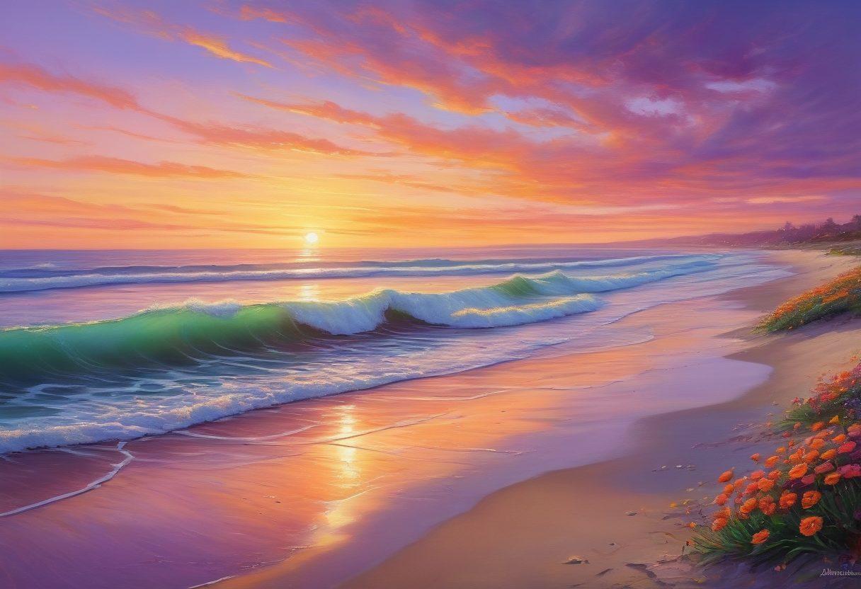 A serene landscape transitioning from a vibrant, sunlit meadow representing elation to a cozy, tranquil beach at sunset symbolizing contentment. Include people practicing mindfulness and joy, depicting laughter and peacefulness. The sky should showcase a gradient of warm colors blending harmoniously. Illustrate elements of nature like blooming flowers and gentle waves to enhance the atmosphere of joyful living. painting. vibrant colors.