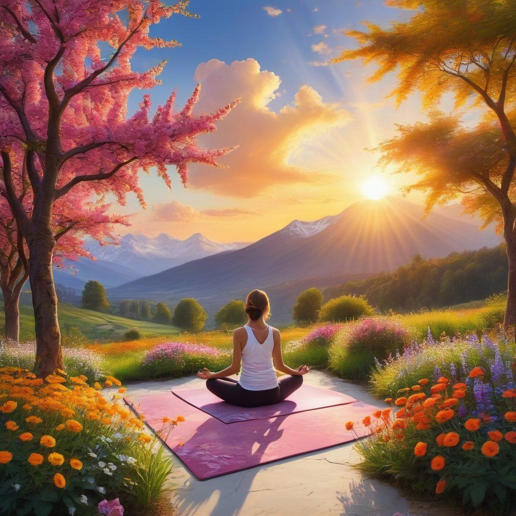 A radiant sun breaking through fluffy clouds, casting warm rays on a serene landscape filled with blooming flowers and smiling people engaged in joyful activities like yoga, painting, and laughter. A soft, inviting color palette enhances the cheerful atmosphere, creating a sense of warmth and contentment. super-realistic. vibrant colors. bright background.