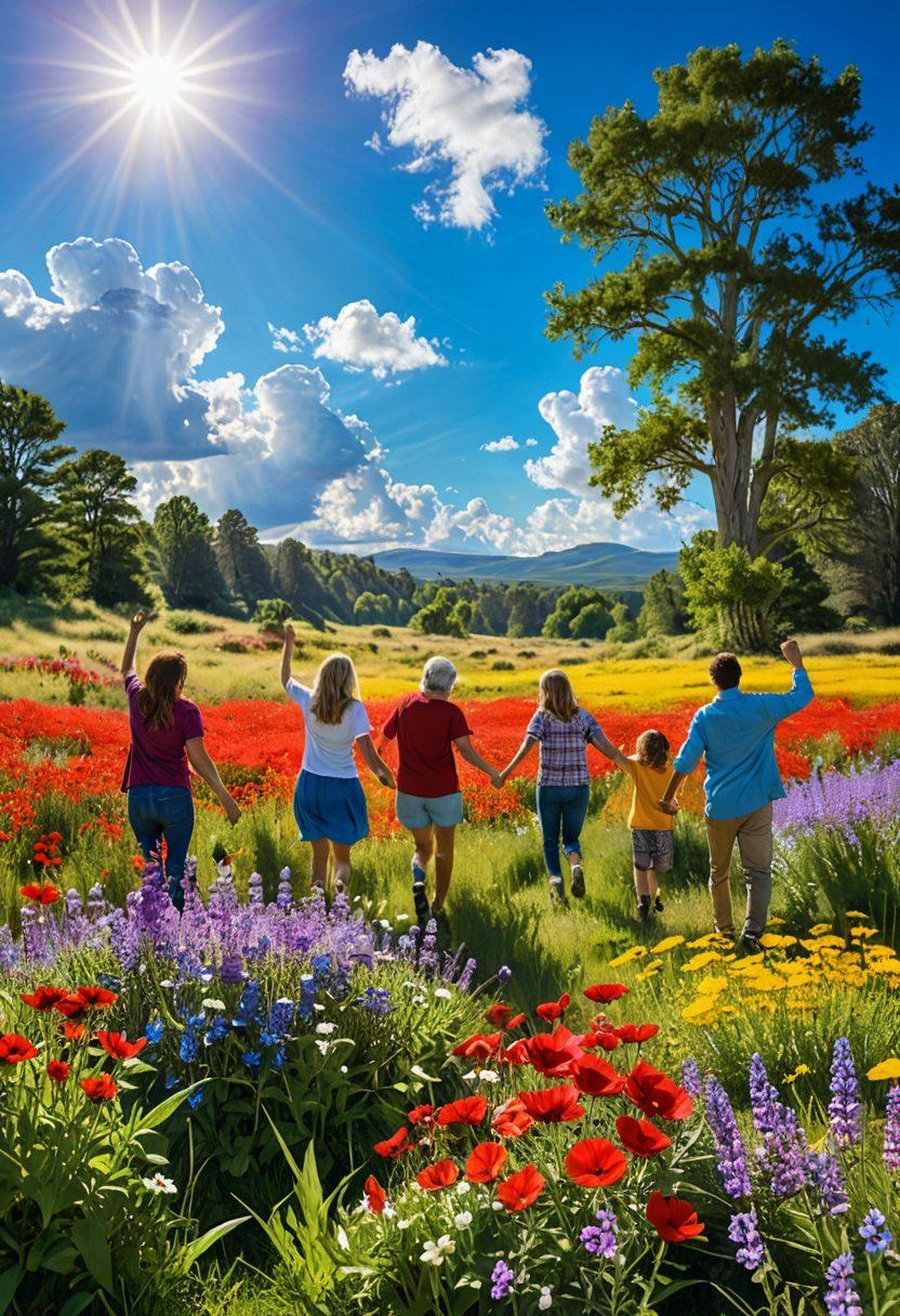 A serene and vibrant landscape featuring a sunlit meadow filled with colorful wildflowers, a joyful diverse group of people engaging in uplifting activities like laughing, dancing, and sharing moments, soft fluffy clouds in a bright blue sky, and gentle rays of sunshine streaming down. The image should evoke a sense of happiness and community. super-realistic. vibrant colors. cheerful atmosphere.